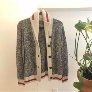 Roots Canada grey shawl neck wool blend cardigan.